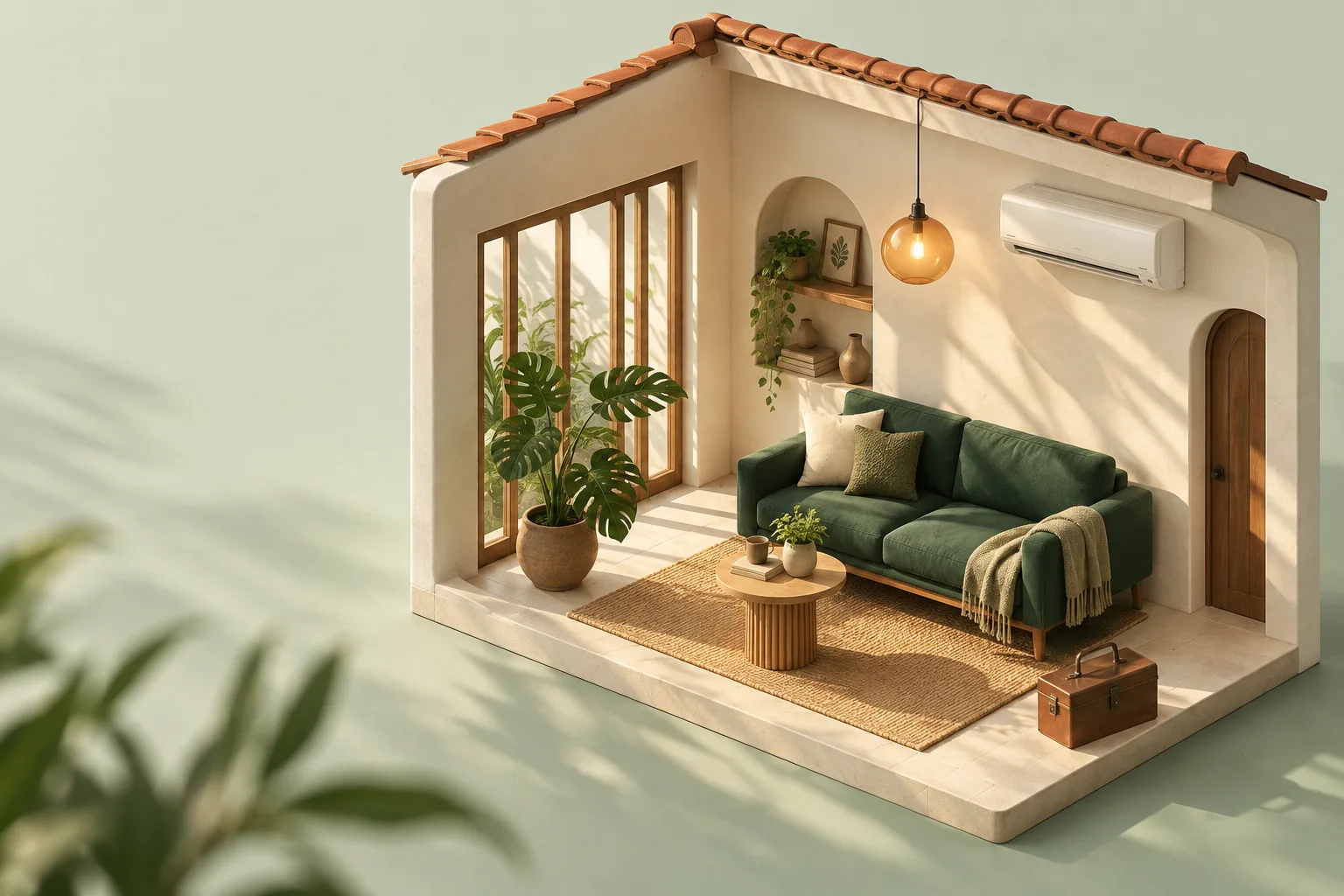 A miniature tropical home with an air conditioner, green sofa and a toolbox